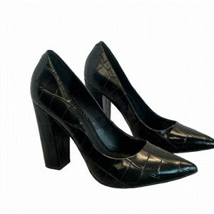 BRIAN Atwood black Croc embossed Chunky high heel pumps Sz 8